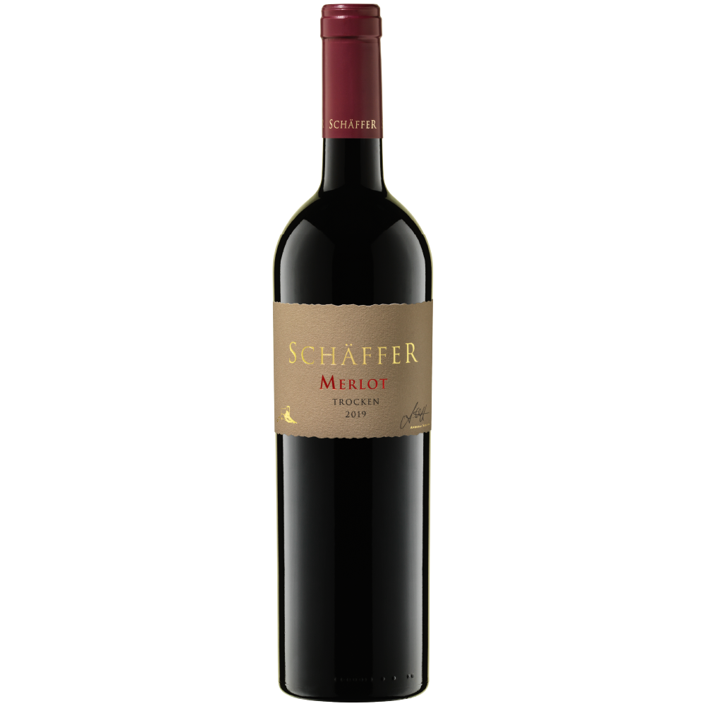 Eine hochwertige Flasche Merlot Rotwein mit roter Schrift und roter Kapsel