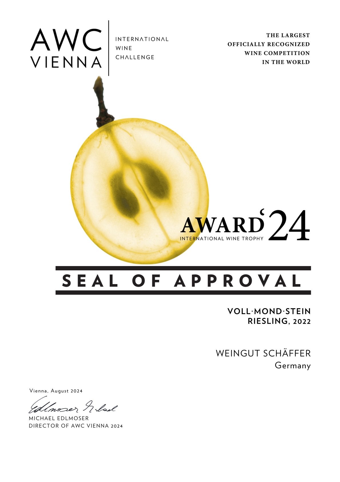 Urkunde Weinwettbewerb AWC in Wien Award 2024