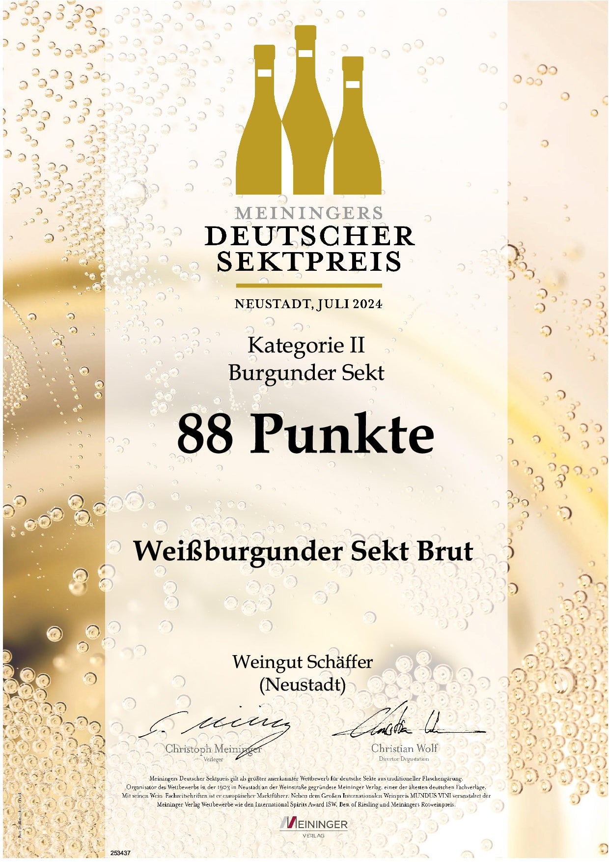 Urkunde Deutscher Sektpreis Burgunder 88 Punkte