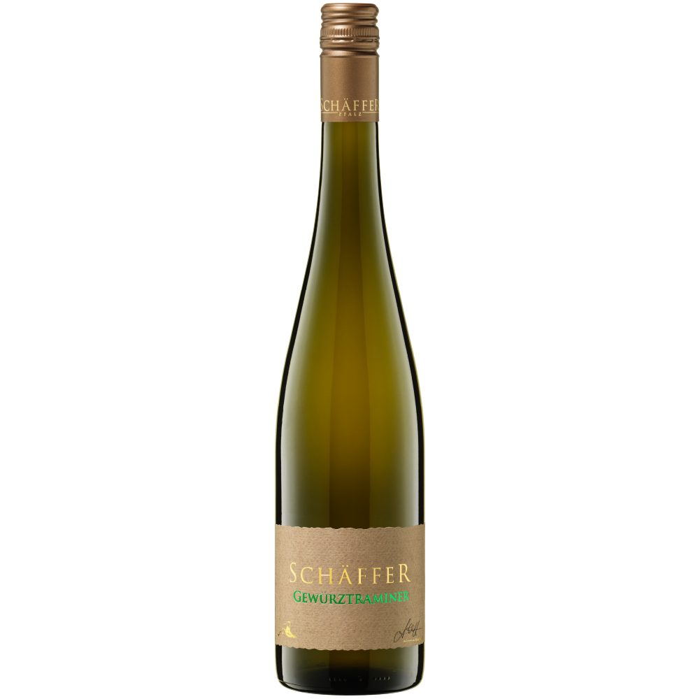 Weinflasche Gewürztraminer restsüß 0,75 mit goldener Schrift und bronzenem Drehverschluss
