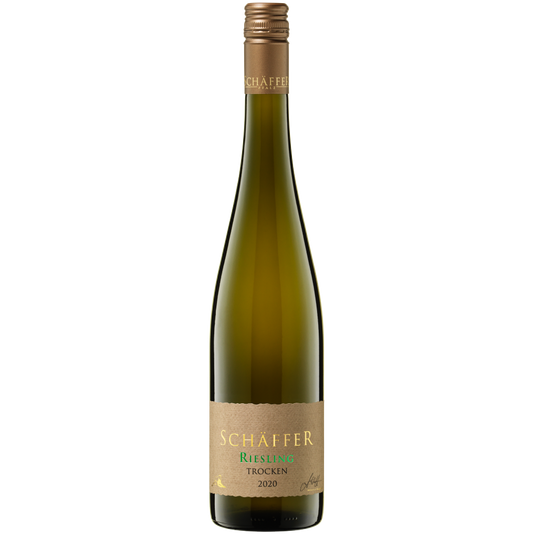 Eine Flasche 0,75 Liter Riesling trocken mit bronzenem Drehverschluss